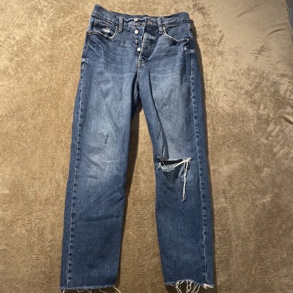 Old Navy Jeans Womens Sz 6 Sky High Extra Blue Distressed Raw Straight Leg Pants - Picture 1 of 8